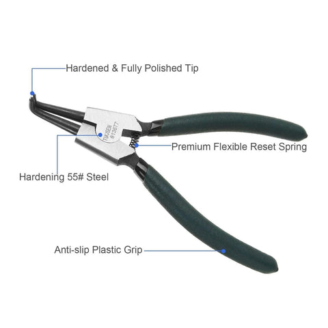 Close-up of Built Tough 7 Inch Snap Ring Pliers with hardened tip, premium reset spring, and anti-slip plastic grip for mechanical use.