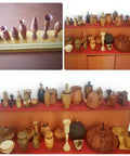 Woodworks made using Beast Mini Wood Lathe Milling Machine Set with adjustable chuck and HSS saw blades displayed on shelves.