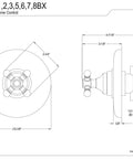 Technical drawing of the Volume Control Shower Valve Trim Kit In Brushed Brass, Standard Half Inch IPS Connection, 5.5 Inch Faceplate.