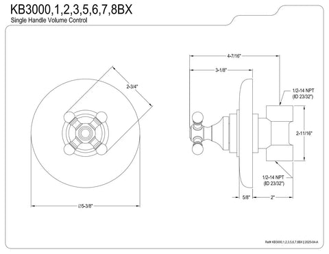 Technical drawing of the Volume Control Shower Valve Trim Kit In Brushed Brass, Standard Half Inch IPS Connection, 5.5 Inch Faceplate.