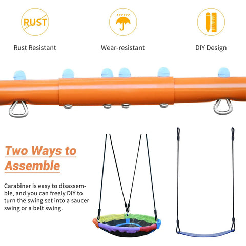 Backyard Swing Set With Trampoline For Kids And Adults, Heavy Duty A Frame, 440 Lb Capacity, includes saucer swing and belt swing.