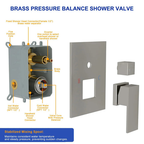 Dcolora 10 Inch Rain Shower System with Handheld Shower brass pressure balance valve with connectors and diverter.