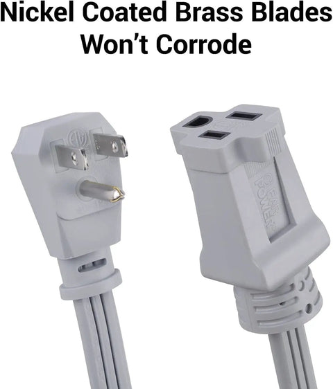 Nickel coated brass blades of Six Foot 14/3 Gray Indoor Extension Cord With Grounded Flat Plug For Air Conditioners And Major Appliances