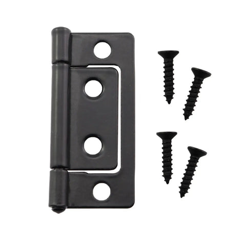 Four Piece Sub Iron Folding Hinges Two Inch Matte Black with included screws for cabinet furniture and wood doors.