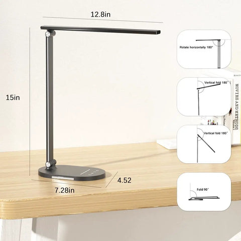 Must-Have Three Color Reading Desk Lamp With USB Charging Port, Flexible Gooseneck, Pen Holder, USB Powered, dimensions shown