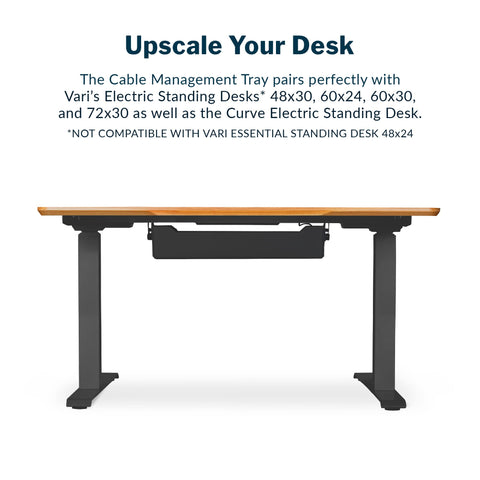 Under Desk Cable Management Tray For Sit Stand Desks, Keeps Cords Tidy And Out Of The Way, Fits 48x30, 60x24, 60x30, 72x30 Electric Standing Desks, Easy Assembly, Black, shown installed under desk.