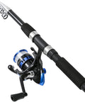 6.9 Foot Telescopic Fishing Rod And Reel Combo With Pliers And Lip Gripper, black handle, blue preloaded reel, coiled guides