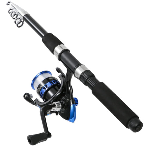 6.9 Foot Telescopic Fishing Rod And Reel Combo With Pliers And Lip Gripper, black handle, blue preloaded reel, coiled guides