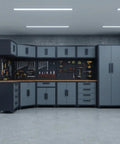 Tough As Nails 16 Piece Metal Garage Cabinet Collection Featuring modular wall units, pegboard, and drawer stations in gray.
