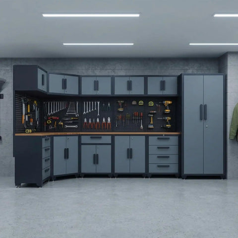 Tough As Nails 16 Piece Metal Garage Cabinet Collection Featuring modular wall units, pegboard, and drawer stations in gray.