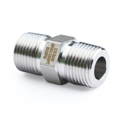 U.S. Solid 304 stainless steel hex nipple with 3/8 in NPT male threads on both ends