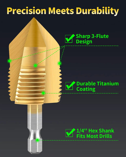 Dual-Function PVC Pipe Threading Tool Kit For One-Half Inch And Three-Quarter Inch Pipes, Electric Drill Compatible Internal And External Thread Cutting, Titanium-Plated Precision Pipe Tool For Smooth, Durable PVC Plumbing featuring sharp 3-flute design and durable titanium coating, 1/4'' hex shank fits most drills.