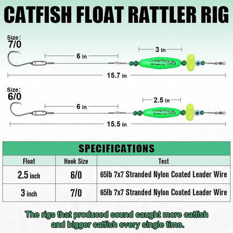 Diagram of Rattler Catfish Float Rig For Bank Fishing Santee Cooper Style Tackle Floats with specifications and sizes.