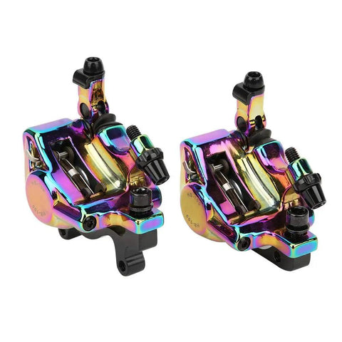 Heavy Duty Hydraulic Disc Brake Set For Mountain And Road Bikes Sturdy Aluminum Alloy Calipers in rainbow finish, dual-piston model HB-100.