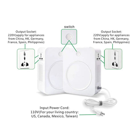 Heavy Duty 500W Step Up Transformer 110V To 220V Power Converter For US with dual 220V outlets and 110V input cord