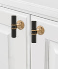 10 Pack Matte Black and Champagne Bronze Knurled Cabinet Knobs installed on white cabinet doors