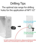 Drilling tips for Heavy Duty Waterproof Junction Box IP55, showing optimal hole sizes for NPT 1/2" application.