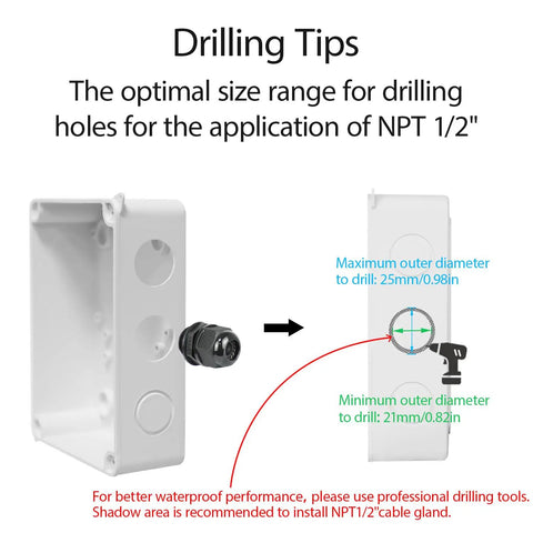 Drilling tips for Heavy Duty Waterproof Junction Box IP55, showing optimal hole sizes for NPT 1/2" application.
