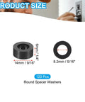 120Pcs M8 ABS Round Spacers Set 5/16 Inch ID 9/16 Inch OD 1/4 Inch Thick Black Plastic Standoff Washers product size display