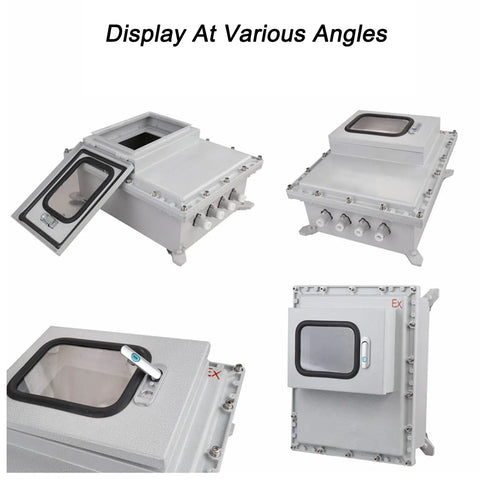 Front view of outdoor explosion-proof IP66 junction box with viewing window in cast aluminum housing
Side/top angle showing mounting plate and cable gland ports on the aluminum enclosure
Close-up of viewing window and rubber gasket on the lid of the enclosure
Mounted outdoor junction box with Ex marking and locking latch on rugged aluminum housing