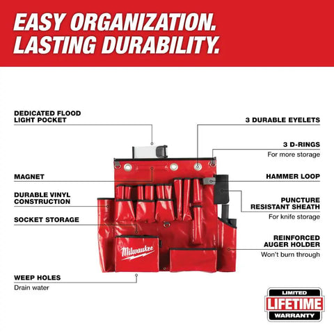 Workhorse Aerial Tool Apron In Bright Red designed for Power Line Crews, featuring pockets, durable vinyl, and organized storage.
