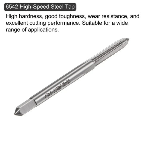 10Pc Workhorse 8-32 UNC Machine Tap Set In 6542 High Speed Steel with straight flute, close-up of single tap with visible thread markings.