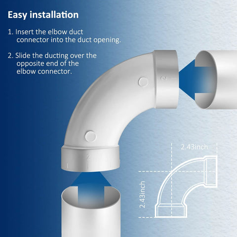 White plastic 90-degree elbow fitting for 2-inch central vacuum pipe with installation diagram.