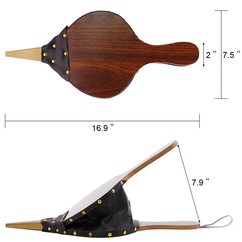 Top Shelf Wooden Fireplace Bellows With Heavy Leather Strap Brown Air Blower Pump For Campfires Barbecue, dimensions shown.