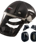 Badass Powered Air Respirator And Hearing Protection Bundle For Woodworking Shops Featuring Full Face Impact Shield Heavy Duty Dust Filters And Integrated Ear Guards Built Tough For Sanding Routing And Turning - black helmet with face shield and ear protection.