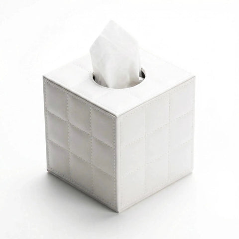 Leather Square Tissue Box Cover With Magnetic Closure For Bathroom Vanity And Desk Modern White Grid Organizer Decorative Tissue Holder For Nightstand Bedroom And Office