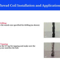 Instructions for using 50 Piece Metric Helicoil Kit M10 X 1.5 X 2.5D Wire Thread Insert Sleeve Bushing with images of drilling and tapping.