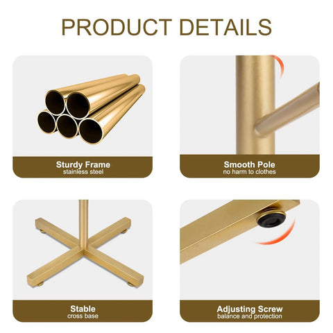 Product details of freestanding metal coat rack with eight hooks for entryway or office, showing stainless frame and adjustable base.