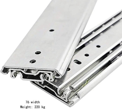 Heavy Duty Ball Bearing Drawer Slides Full Extension Three Section Track Five Hundred Lb Capacity Industrial thickened metal runners.