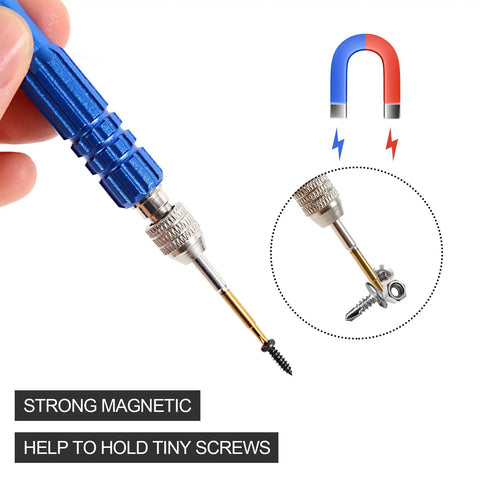 Ultra Handy Mini Precision Screwdriver Set with magnetic bit holding small screws, blue non-slip handle, portable design.