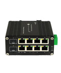 Front view of Beefy Rugged 8-Port Gigabit PoE Fiber Switch With PoE Plus, Dual SFP Slots, 10/100/1000 Mbps, black, DIN Rail mountable.