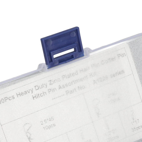 Assorted R Clip Kit 100 Pieces case showing label details and latch for M1 to M2.5 Hairpin Retaining Pins, zinc finish