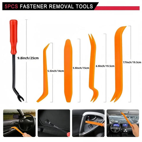 5PCS Fastener Removal Tools set with orange and black tools, ideal for car interior and exterior trim work.