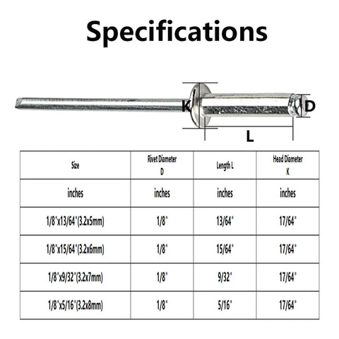 Image showing specifications of 100 Pack Stainless Steel Blind Rivets One Eighth Inch X Five Sixteenths Inch Dome Head Pull Fasteners.