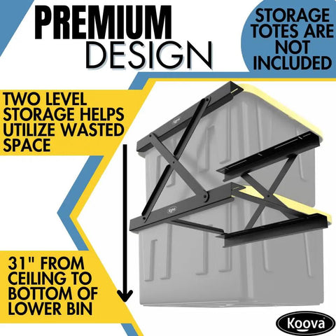 Heavy Duty Dual Rail Overhead Garage Storage System Stacking Ceiling Racks For Tote Bins Solid As A Rock No Sweat Hardware Included Easy Setup Made In Usa Totally Dope