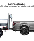 Kick Your Towing Game Up With This Heavy Duty 7 Pin Round Trailer Wiring Harness That Boasts A Four Foot Waterproof Cord And Rugged Inline Junction Box For Smooth RV Travel with 7-way junction box for RVS trailers.