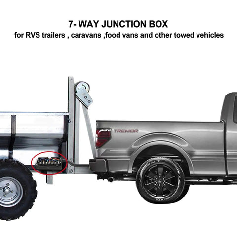 Kick Your Towing Game Up With This Heavy Duty 7 Pin Round Trailer Wiring Harness That Boasts A Four Foot Waterproof Cord And Rugged Inline Junction Box For Smooth RV Travel with 7-way junction box for RVS trailers.