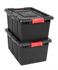 Two black heavy duty plastic storage totes with secure snap lids, stackable 15 gallon bins for garage shed organization.