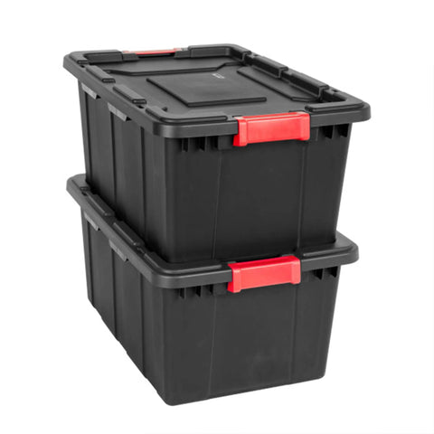Two black heavy duty plastic storage totes with secure snap lids, stackable 15 gallon bins for garage shed organization.