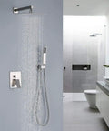 Brushed Nickel Shower System With 10 Inch Rainfall Shower Head And Handheld Wall Mounted Shower Combo Set in modern bathroom