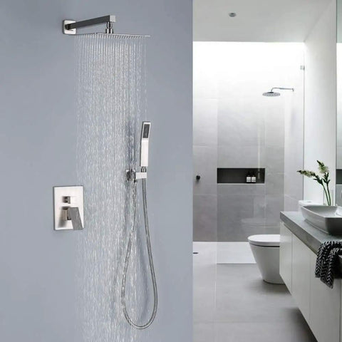 Brushed Nickel Shower System With 10 Inch Rainfall Shower Head And Handheld Wall Mounted Shower Combo Set in modern bathroom