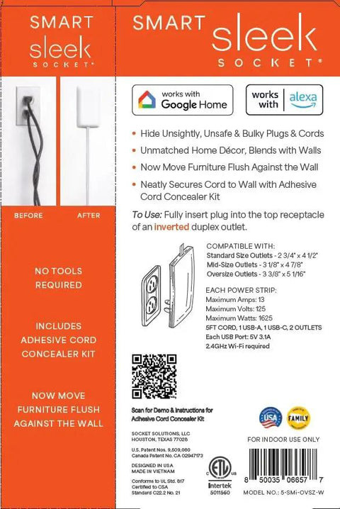 Product packaging for Universal Outlet Concealer With Wi-Fi Smart Power Strip For Inverted Outlets, highlighting features and compatibility.