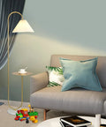 Modern Elegant Floor Lamp With Tray Shelf For Office Cafe Den Living Room Or Bedroom, Brass Gold Finish, Foot Switch