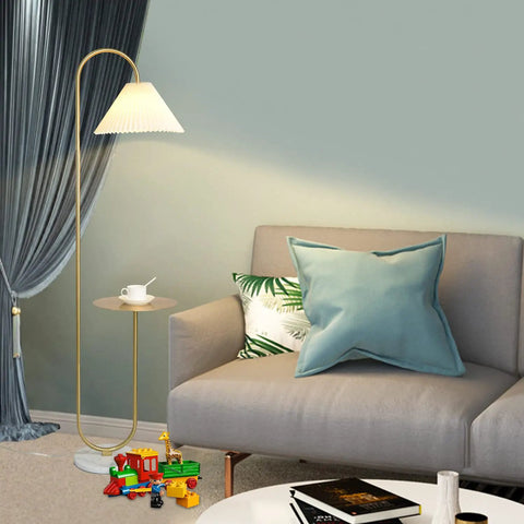 Modern Elegant Floor Lamp With Tray Shelf For Office Cafe Den Living Room Or Bedroom, Brass Gold Finish, Foot Switch