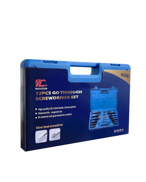 Packaging of Pro Grade Magnetic Screwdriver Set With Nichrome Tips 12 Piece Kit, showing storage case and product details
