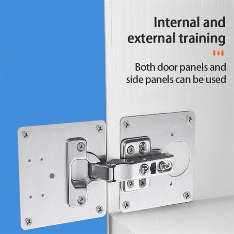 Door Hinge Repair Plate for Kitchen Cabinets and Furniture Stainless Steel Fix Kit featuring mounted hinge on panel